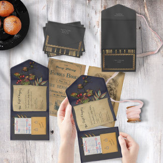 Todo En Uno Invitación de Boda de Libro de Biblioteca de Otoño
