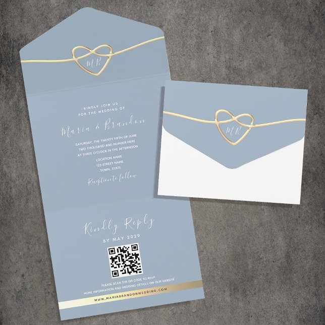 Todo En Uno Invitación de boda de oro azul polvoriento con cód (Subido por el creador)