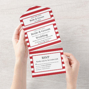 Todo En Uno Invitación de Boda de Rayas Blancas y Rojas Llenas