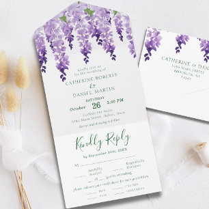Todo En Uno Invitación de boda de Wisteria con acuarela de lav