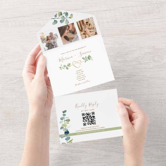 Todo En Uno Invitación de boda elegante de eucalipto con códig (desgarro)