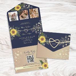 Todo En Uno Invitación de Boda Elegante Girasol y Azul Marino