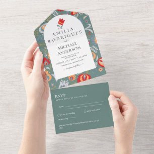 Todo En Uno Invitación de Boda Español Inglés Rsvp FOLKART