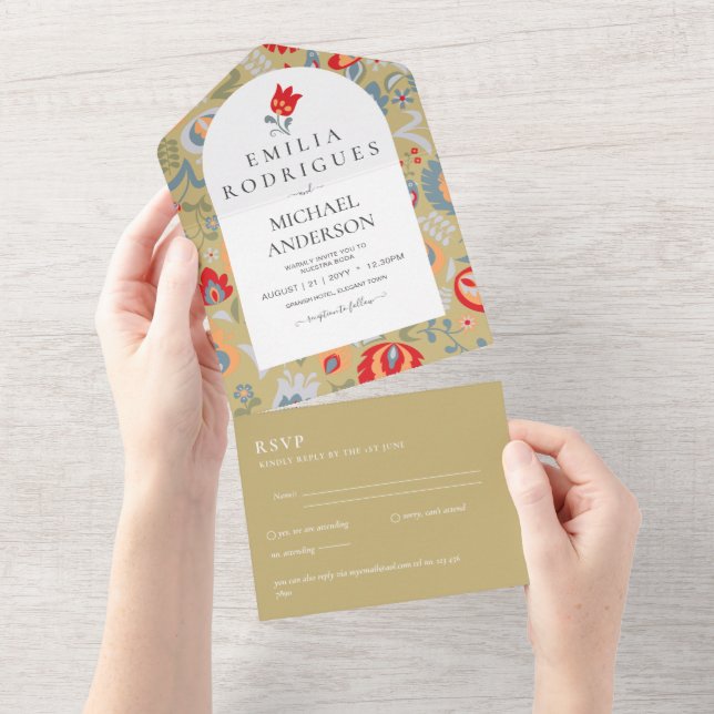 Todo En Uno Invitación de Boda Español Inglés Rsvp FOLKART (desgarro)