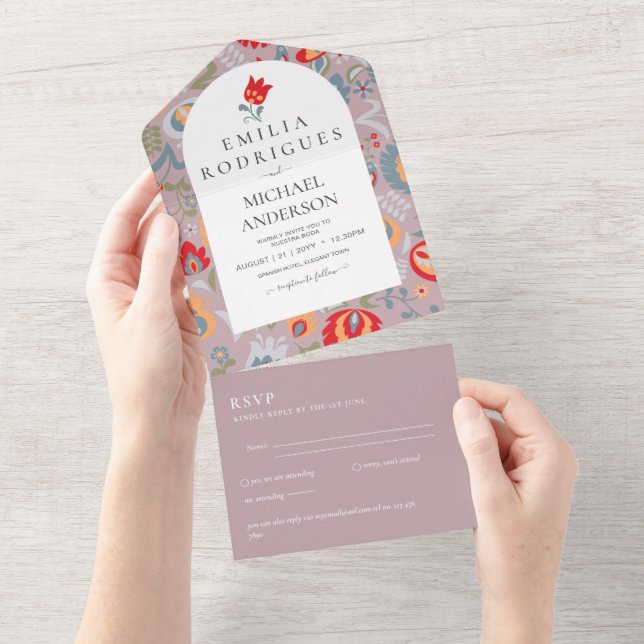 Todo En Uno Invitación de Boda Español Inglés Rsvp FOLKART (desgarro)