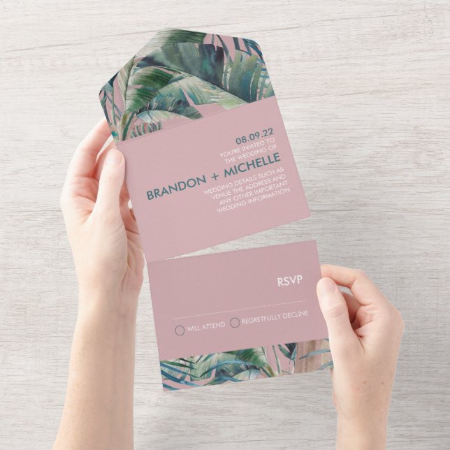 Todo En Uno invitación de boda estilo Deco Tropical (desgarro)