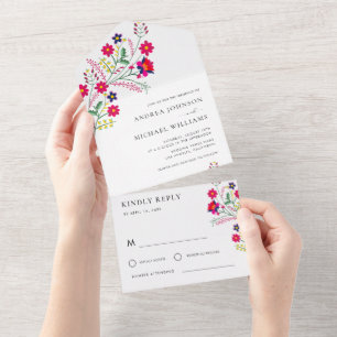 Todo En Uno Invitación de Boda Fiesta Folk Mexicana Flores Col