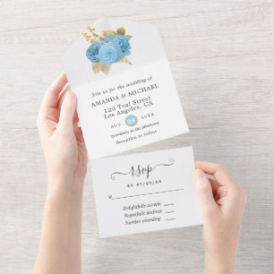 Todo En Uno Invitación de boda floral azul pastel y dorado tod