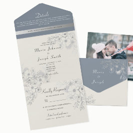 Todo En Uno Invitación de boda floral azul polvoriento elegant