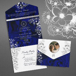 Todo En Uno Invitación de Boda Floral Azul Real Romántica
