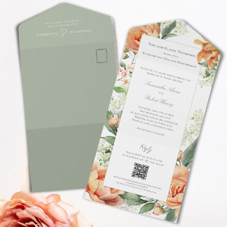 Todo En Uno Invitación de Boda Floral de Melocotón Acuarela To