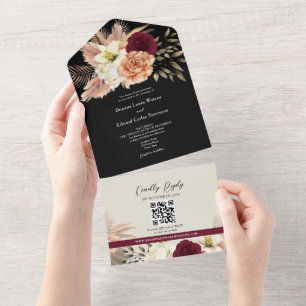 Todo En Uno Invitación de boda floral negra de código QR de Bu