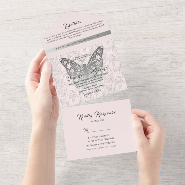Todo En Uno Invitación de Boda Mariposa Rosa Sonrojo (desgarro)