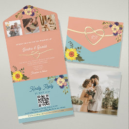 Todo En Uno Invitación de Boda Melocotón y Azul con Girasoles