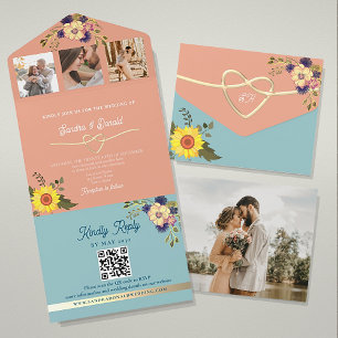 Todo En Uno Invitación de Boda Melocotón y Azul con Girasoles