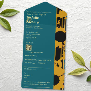 Todo En Uno Invitación de Boda Moderna Girasol Azul Teal Dorad