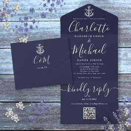 Todo En Uno Invitación de boda náutica ancla de código QR azul
