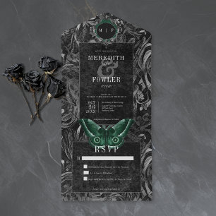 Todo En Uno Invitación de boda negra gótica con filigrana verd
