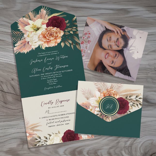 Todo En Uno Invitación de boda rústica de esmeralda de Borgoña (Subido por el creador)