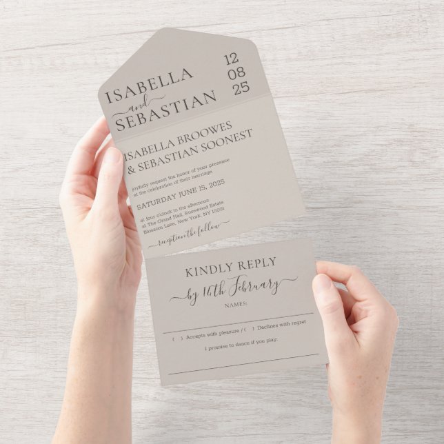 Todo En Uno invitación de boda suave beige responder amablemen (desgarro)