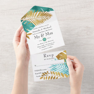 Todo En Uno Invitación de boda tropical de turquesa y dorado t