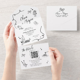 Todo En Uno Invitación de casamiento de código QR con doodle d