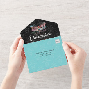 Todo En Uno Invitación de Damasco con Libélula para Quinceañer