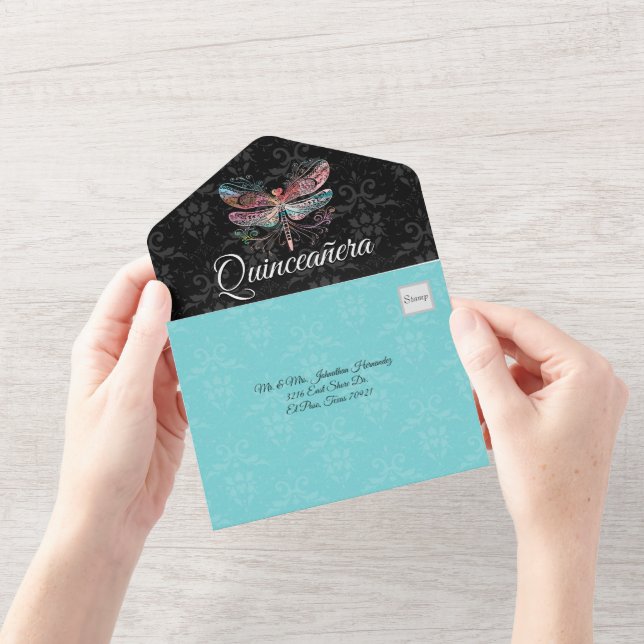 Todo En Uno Invitación de Damasco con Libélula para Quinceañer (Apertura)