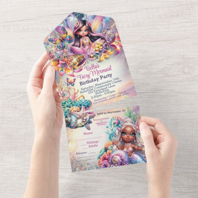 Todo En Uno Invitación de Fiesta de Hada Sirena (desgarro)