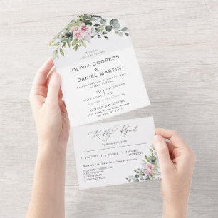 Todo En Uno Invitación de Rubor Pink Greenery All in One Weddi