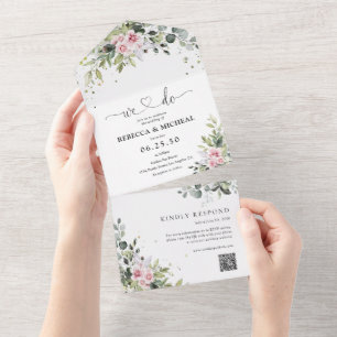 Todo En Uno Invitación de Rubor Pink Greenery All in One Weddi
