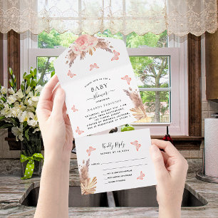 Todo En Uno Invitación para baby shower con mariposa floral ro