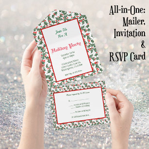 Todo En Uno Invitación personalizada de acebo verde con bayas