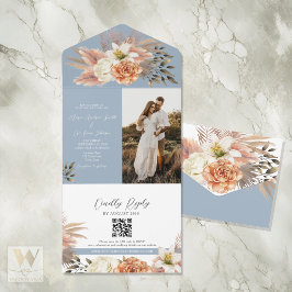 Todo En Uno Invitación QR del Boda floral Dusty Blue Peach