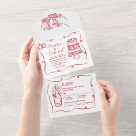 Todo En Uno Invitación roja caprichosa de mano boda y RSVP