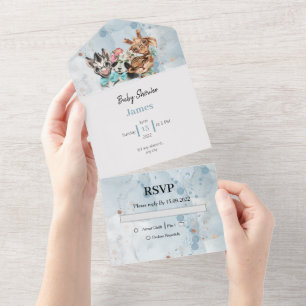 Todo En Uno Safari Wildone baby ducha invitación azul