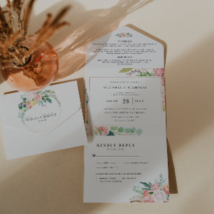 Todo En Uno Verano sonrojado   Invitación de boda floral acuar