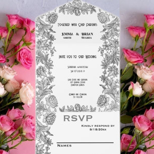 Todo floral grabado en una invitación de matrimoni