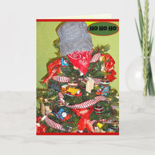 ¡Todos a bordo! Tarjeta de Navidad con árbol temát