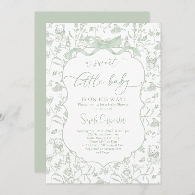 Toile De Jouy Baby Shower con invitación a Bow (Anverso / Reverso)