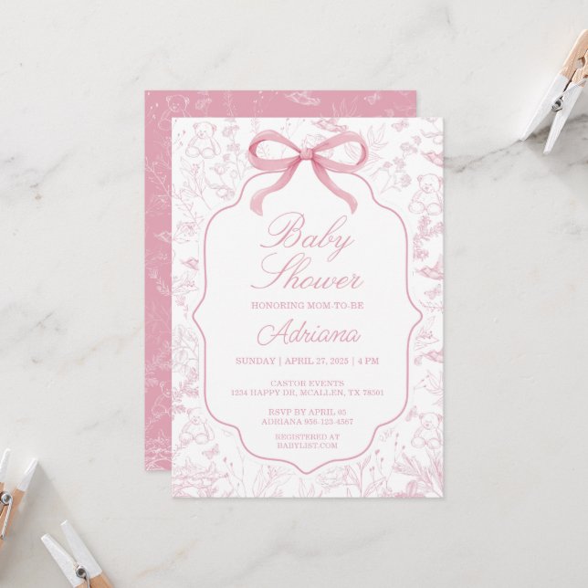 Toile De Jouy Baby Shower rosa con invitación a Bo (Anverso/Reverso In Situ)