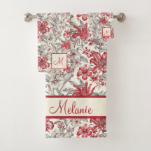 Toile de Jouy Rojo Profundo y Floral Gris Lirios