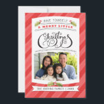 Tómate unas tarjetas de fotos navideñas<br><div class="desc">"navidades" con letras de mano con tu foto,  una colmena de color pintada a mano y rayas de fondo.</div>