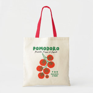 Tomates pomodoro en la bolsa de la tota del vino