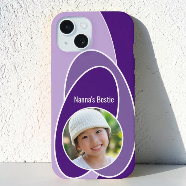 Tono de Ovalado Morado Reemplazable Foto  (Fun single custom photo & template text iPhone case with abstract purple art design. )