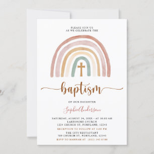 Tonos apagados Boho Invitación al bautismo arcoiri