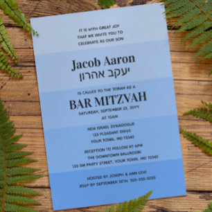 Tonos de azul Hebreo Bar Mitzvah Invitación