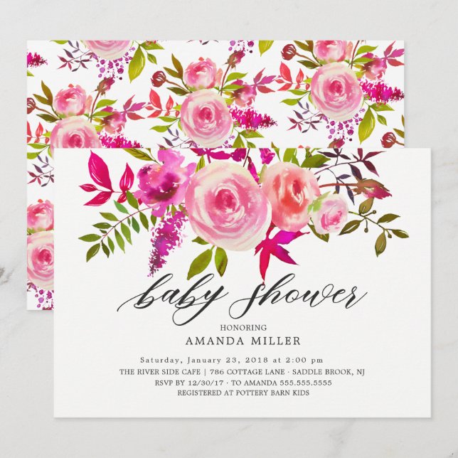 Tonos de la invitación a Baby Shower con flores ro (Anverso / Reverso)