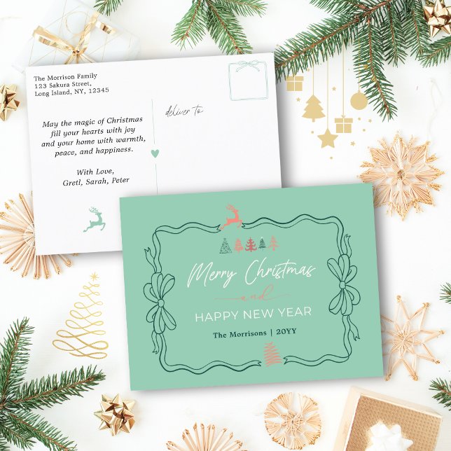 Tonos retro: Postales navideñas de Doodles Bow & T (Retro Tones: Bow & Trees Doodles Holiday Postcard)