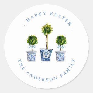 Topiaries Blue & White Happy Easter Label / Sello